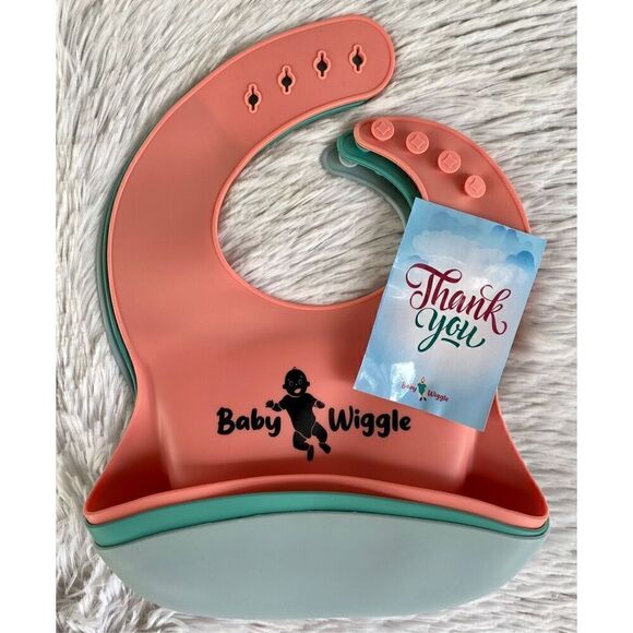 NWT Baby Wiggle Set Of 3 Unisex Silicone Bibs With Food Pouch/Catcher - Picture 9 of 9